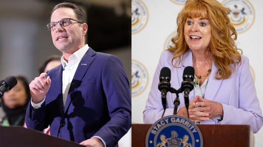 Gov. Josh Shapiro (left) and PA Treasurer Stacy Garrity