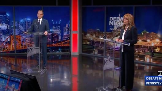A screenshot of the debate between Gov. Josh Shapiro and Treasurer Stacy Garrity