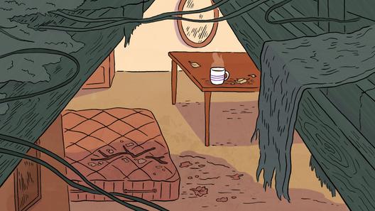 An illustration of a room exposed by a missing roof, inspired by a real-life case in Allegheny County.