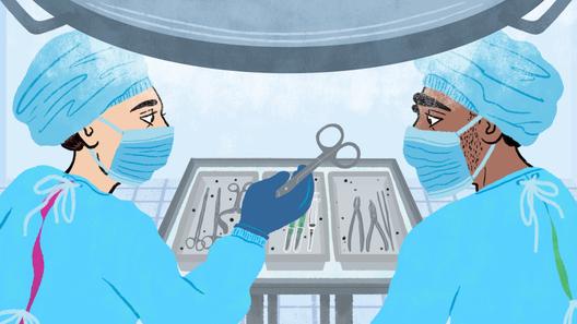 An illustration of two people looking at surgical tools.