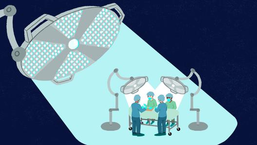 An illustration of a transplant operation under a surgical light.