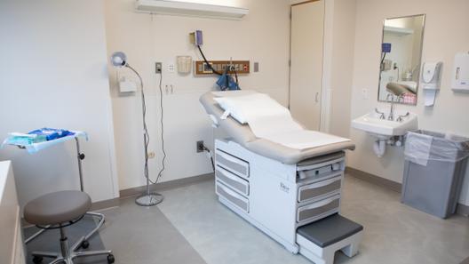 A patient room at a health care facility