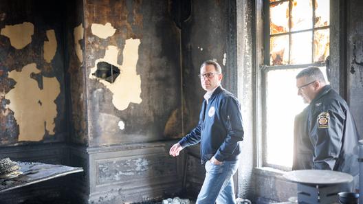 Gov. Josh Shapiro tours the residence after an April 2025 arson attack.