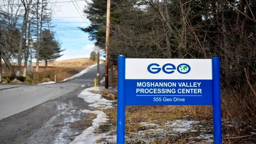 The sign for the GEO Group Moshannon Valley Processing Center, immigration detention facility in Clearfield County.
