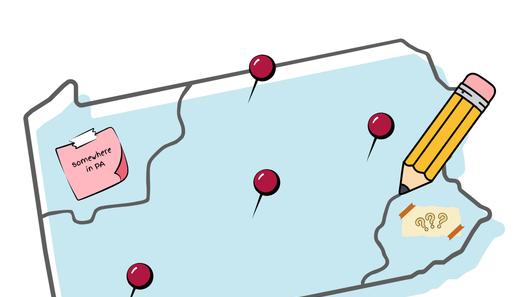 An illustration of a pencil drawing a squiggly line on a map of Pennsylvania that has sticky notes and pushpins stuck to it.
