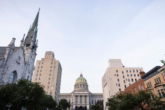 The view of the Pennsylvania Capitol in Harrisburg from State Street.