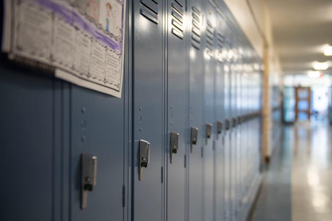 A row of lockers at Bennetts Valley Elementary School in Weedville, Pennsylvania on April 5, 2023.