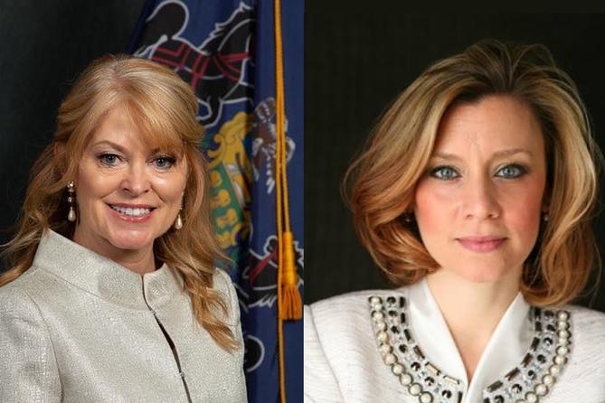 Las candidatas a tesorero Stacy Garrity (republicana) y Erin McClelland (demócrata)