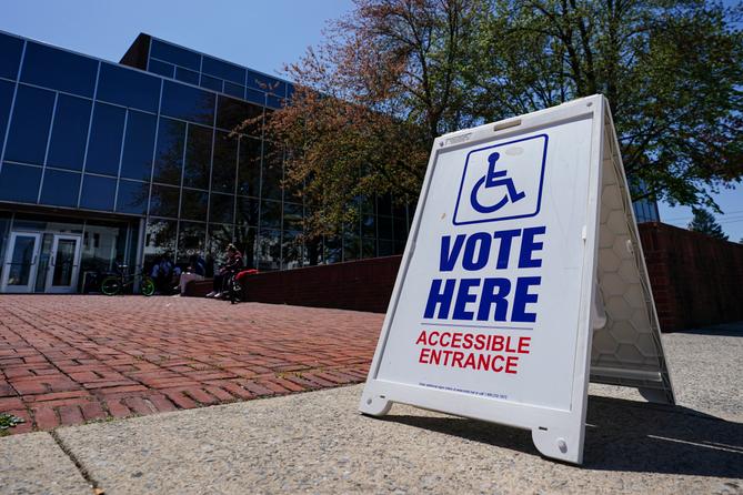 A voting location sign is displayed outside Allentown Public Library in Lehigh County, Pennsylvania.