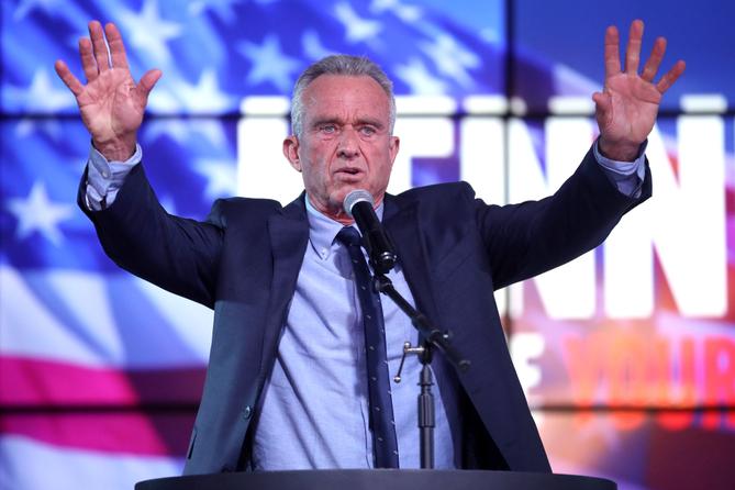 Robert F. Kennedy Jr. speaking with supporters at a campaign rally at Legends Event Center in Phoenix, Arizona.