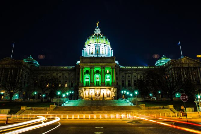 The Pennsylvania Capitol in Harrisburg was lit green in 2016 to celebrate the passage of medical marijuana.