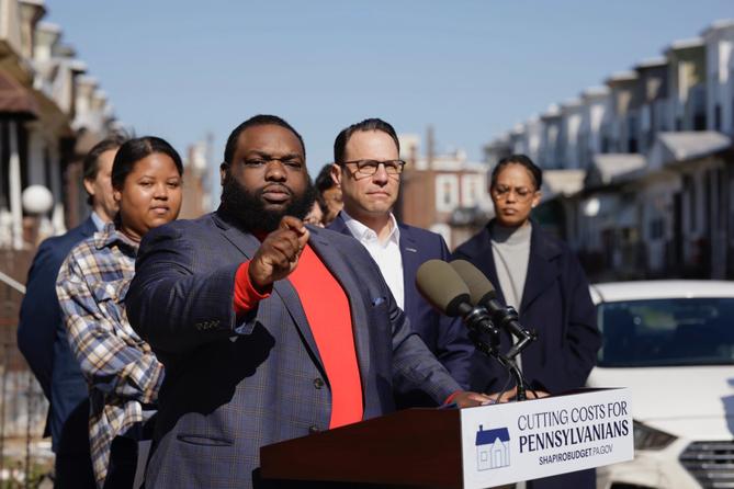 State Rep. Jordan Harris speaks at a 2024 event in Philadelphia featuring Gov. Josh Shapiro.