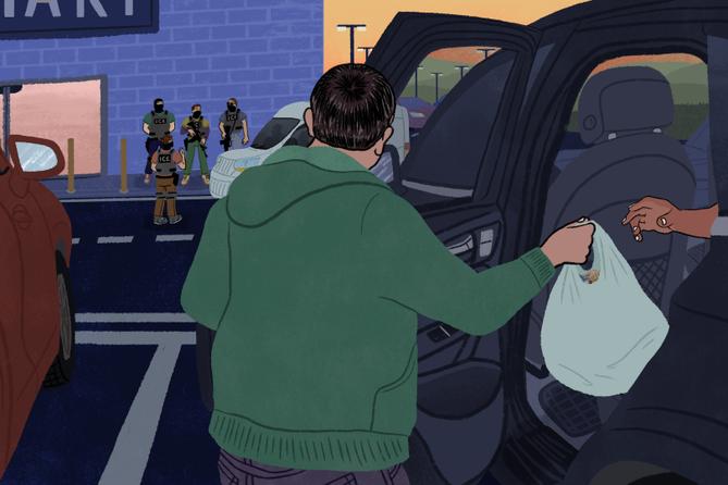 An illustration of a person in a green sweatshirt handing a grocery bag to someone in a car as ICE agents stand in front of a grocery store.