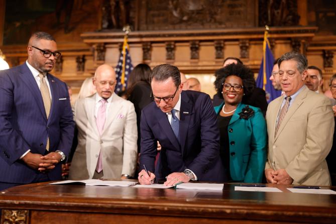 Gov. Josh Shapiro signs the 2026-2027 Pennsylvania state budget on July 12, 2026.