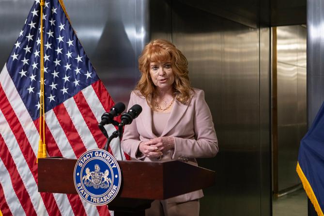 Stacy Garrity speaks during an April, 2026 event on unclaimed property at Treasury's vault.