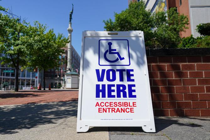 A “Vote Here” sign is shown May 19, 2026, at Lehigh County Government Center in Allentown, Lehigh County, Pennsylvania.
