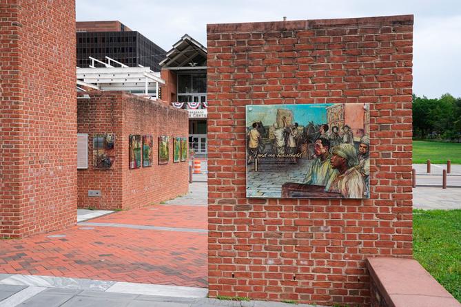 An informational panel is seen at President's House Site Aug. 19, 2025, in Philadelphia.