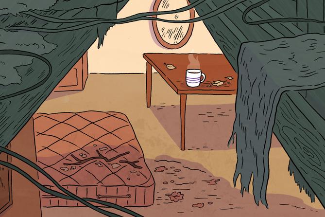 An illustration of a room exposed by a missing roof, inspired by a real-life case in Allegheny County.