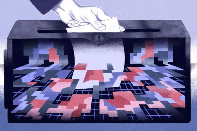 Illustration of a hand inserting a white ballot into a dark ballot box filled with colorful geometric shapes. Illustration of a hand inserting a white ballot into a dark ballot box filled with colorful geometric shapes.