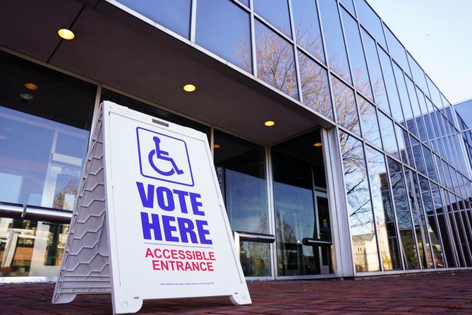 A voting sign outside Allentown Public Library in Lehigh County, Pennsylvania.