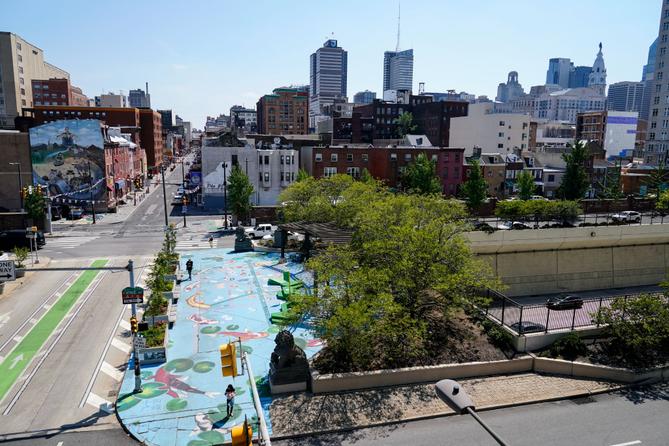 Shown is a bridge on 10th Street that spans Interstate 676, which bisects the Chinatown neighborhood of Philadelphia.