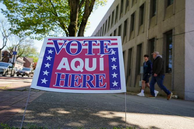 A voting location sign is seen on primary Election Day 2024 at Bethlehem City Hall in Northampton County, Pennsylvania.