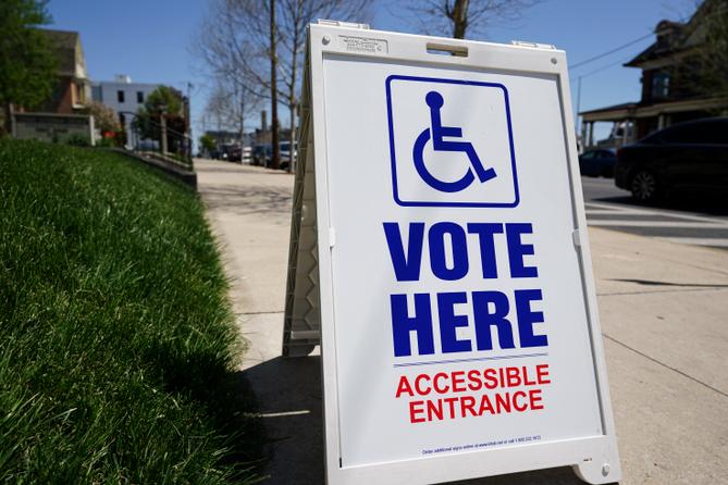 A voting location sign is displayed outside Christ Lutheran Church in Allentown, Lehigh County, Pennsylvania.
