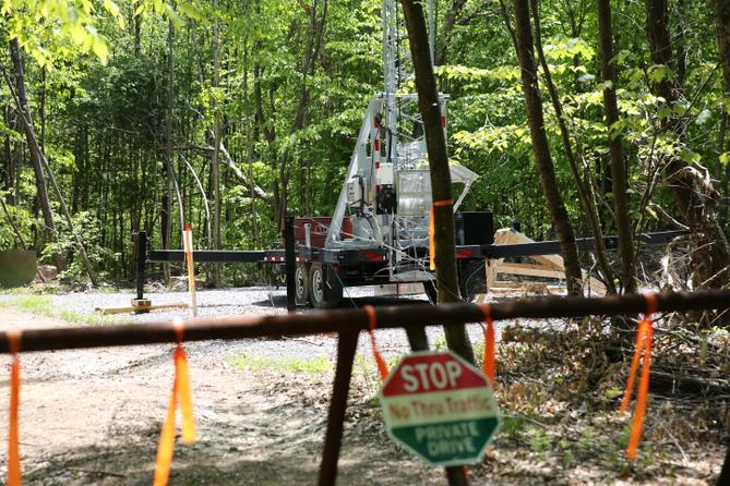 A gate blocking access to a temporary 911 tower in Elk County, Pennsylvania.