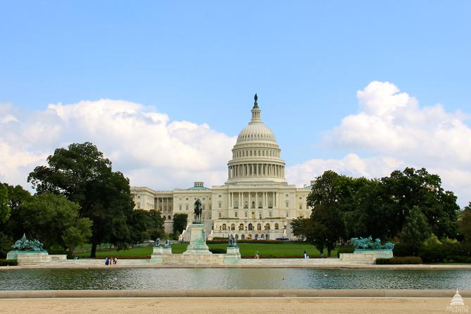 A summer view of the Capitol Reflecting Pool, Grant Memorial, and U.S. Capitol Building.