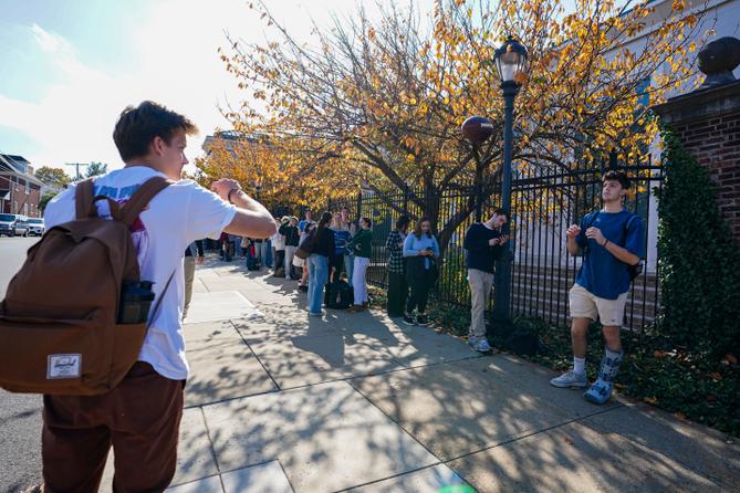 Students wait in line to vote Nov. 5, 2024, outside Kirby Sports Complex in Easton, Pennsylvania. Students wait in line to vote Nov. 5, 2024, outside Kirby Sports Complex in Easton, Pennsylvania.