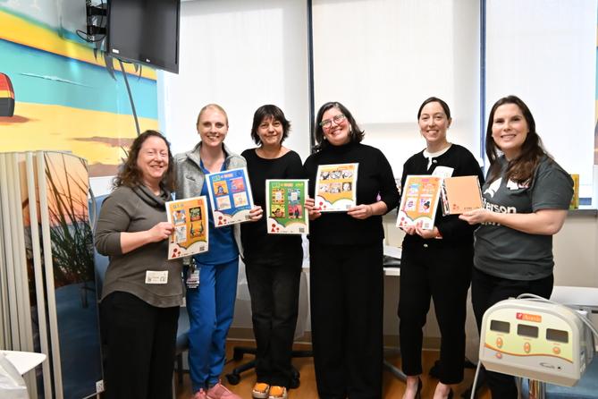 Wendy Gale (A Book a Day), Jessica Lohre (Jefferson ICU), Sibylla Shekerdjiska-Benatova (ABaD), Flora Ward (ABad), Shelby Bentley (Justamere Foundation), and Heather Etzl (Jefferson ICU) at the Thomas Jefferson University Hospital NICU in December 2024, launching a new “Bonding Through Books” program.