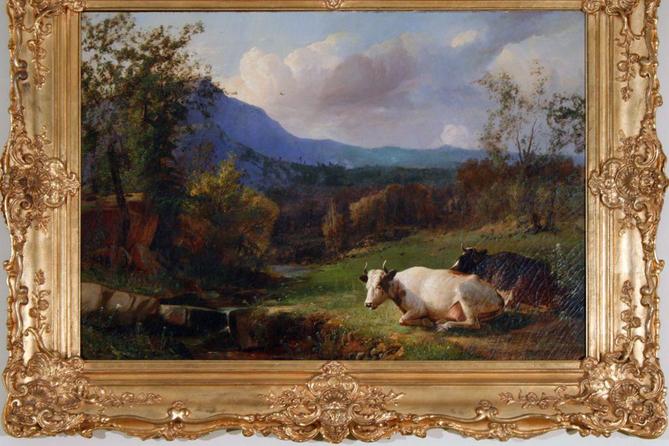 Painting of a landscape with cows by Christopher High Shearer.