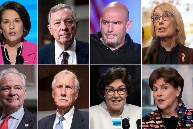 Sen. Catherine Cortez Masto, D-Nev., top row from left, Senate Judiciary Committee Chairman Dick Durbin, D-Ill., Sen. John Fetterman, D-Pa., Sen. Maggie Hassan, D-N.H., and bottom row from left, Sen. Tim Kaine, D-Va., Sen. Angus King, I-Maine, Sen. Jacky Rosen, D-Nev., and Sen. Jeanne Shaheen, D-N.H.