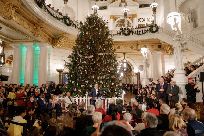 Gov. Josh Shapiro speaks during the 2025 Capitol Christmas tree lighting ceremony.