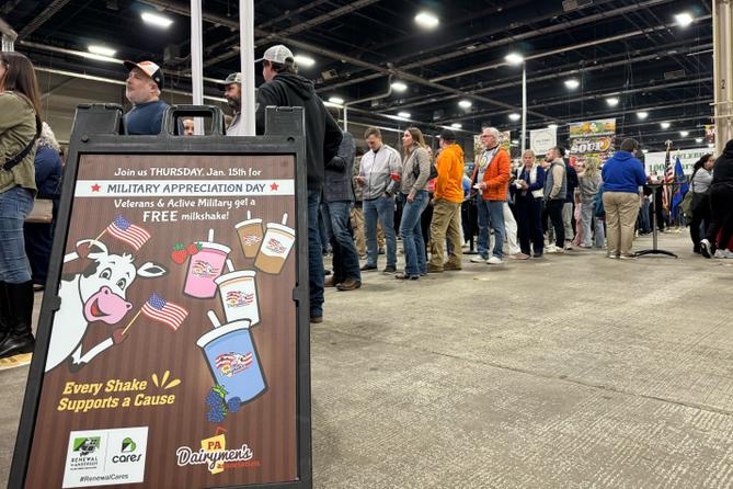 People stand in line for milkshakes at the 2026 Pennsylvania Farm Show.