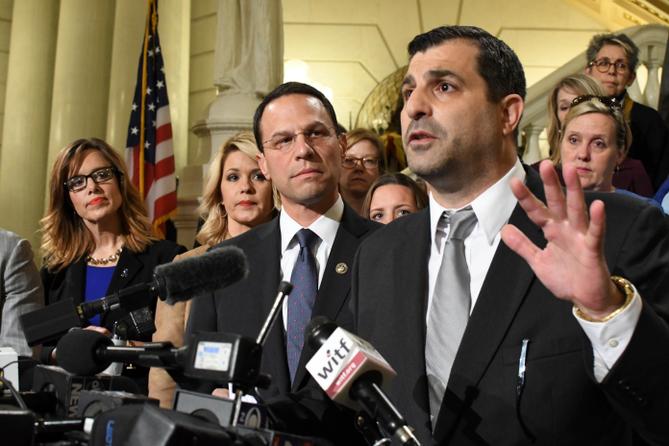Then-state Rep. Mark Rozzi (D., Berks) speaks at a news conference in the Pennsylvania Capitol in October 2018. He is flanked by then-Attorney General Josh Shapiro, lawmakers, and abuse victims. Then-state Rep. Mark Rozzi (D., Berks) speaks at a news conference in the Pennsylvania Capitol in October 2018. He is flanked by then-Attorney General Josh Shapiro, lawmakers, and abuse victims.