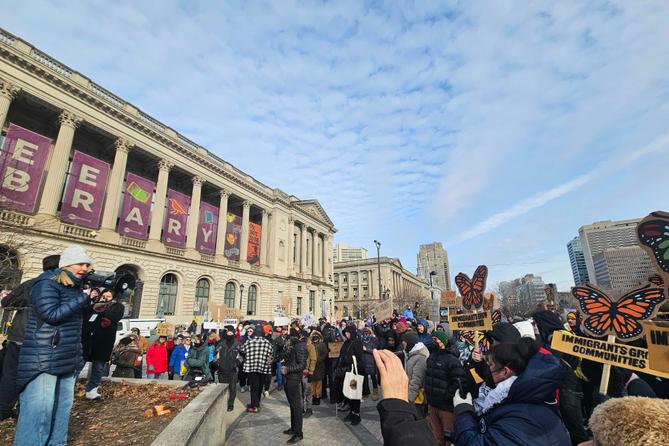 About 200 people protested outside Gov. Josh Shapiro’s book event at the Free Library of Philadelphia on Jan. 24, 2026, calling for Shapiro to adopt stricter policies against collaboration with ICE.