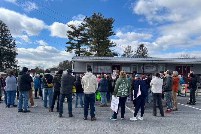 Roughly 100 people gathered at Upper Bern Township’s municipal building on Feb. 21 to protest a planned ICE detention center.