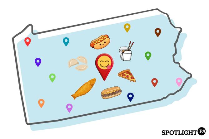 Illustration of Pennsylvania with select food items and location pins placed across the state.