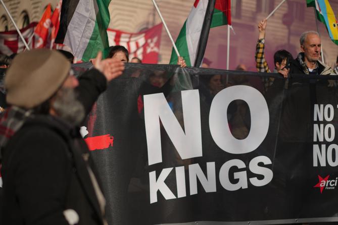 People take part in an anti-war demonstration organized by "No Kings Italy movement" in Rome, Saturday, March 28, 2026.
