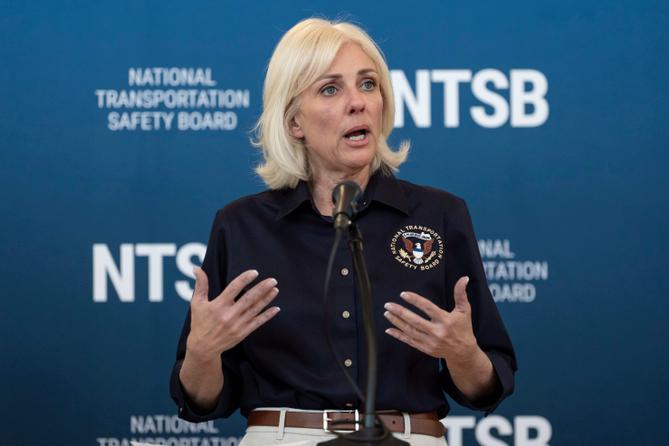 Jennifer Homendy, the NTSB chair, speaks during a press conference, Tuesday, March 24, 2026, at LaGuardia Airport in New York.
