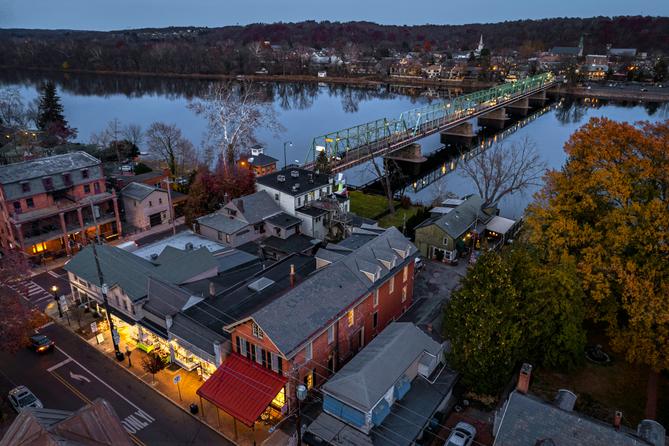 Aerial view of New Hope, Pennsylvania, Lambertville, New Jersey, and the Delaware River.