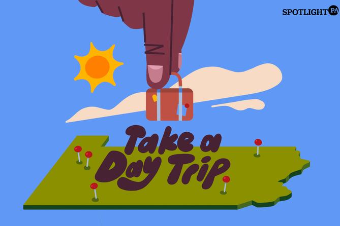 Illustration of a hand holding a suitcase over Pennsylvania’s silhouette. Illustration of a hand holding a suitcase over Pennsylvania’s silhouette.