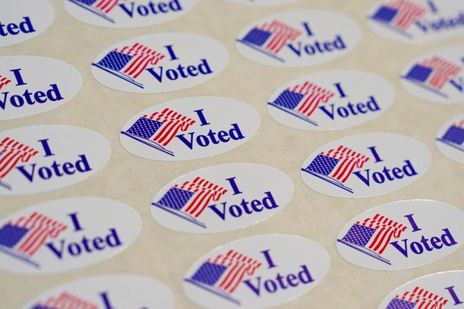 “I Voted” stickers are shown on May 19, 2026, In Quakertown, Bucks County, Pennsylvania.