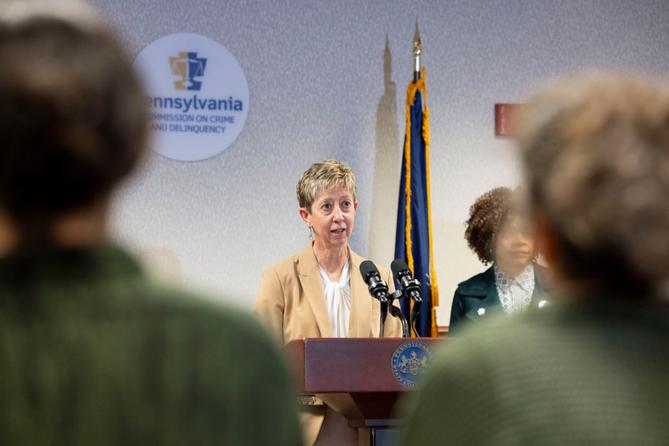 Kathy Buckley, Director of the Office of Victims' Services, PA Commission on Crime and Delinquency, speaks at an event for National Crime Victims' Rights Week, in Harrisburg, Pa. on April 10, 2025. Kathy Buckley, Director of the Office of Victims' Services, PA Commission on Crime and Delinquency, speaks at an event for National Crime Victims' Rights Week, in Harrisburg, Pa. on April 10, 2025.