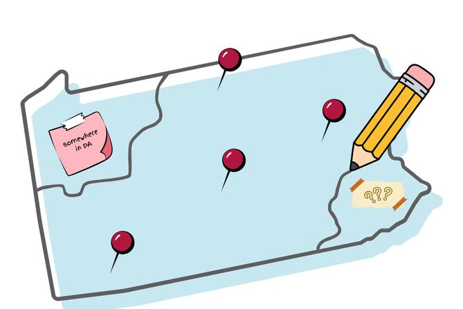 An illustration of a pencil drawing a squiggly line on a map of Pennsylvania that has sticky notes and pushpins stuck to it. An illustration of a pencil drawing a squiggly line on a map of Pennsylvania that has sticky notes and pushpins stuck to it.