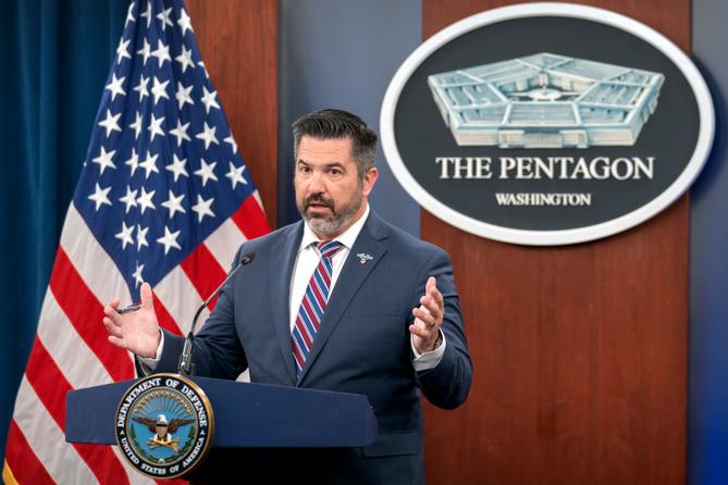Pentagon spokesperson Sean Parnell speaks during a press briefing at the Pentagon.