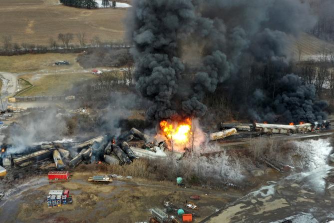 This photo taken with a drone shows portions of a Norfolk and Southern freight train, Feb. 4, 2023, that derailed in East Palestine, Ohio.
