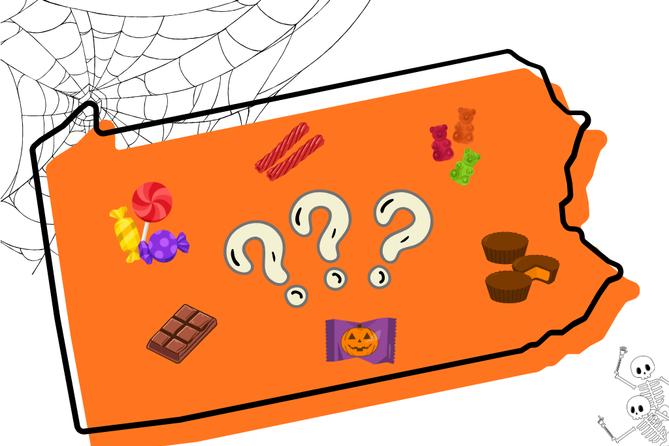 A Halloween-themed illustration of Pennsylvania featuring candies, cobwebs, skeletons, and a black cat.