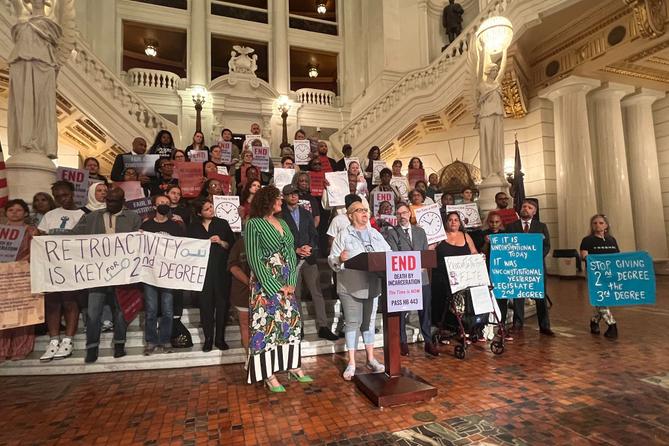 People rally inside the PA Capitol in June to call for “meaningful second-degree murder sentencing reform.”